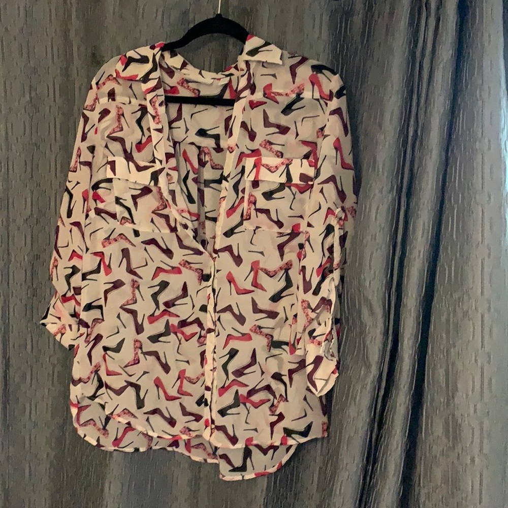 Fun shoe print top, button up, shear material